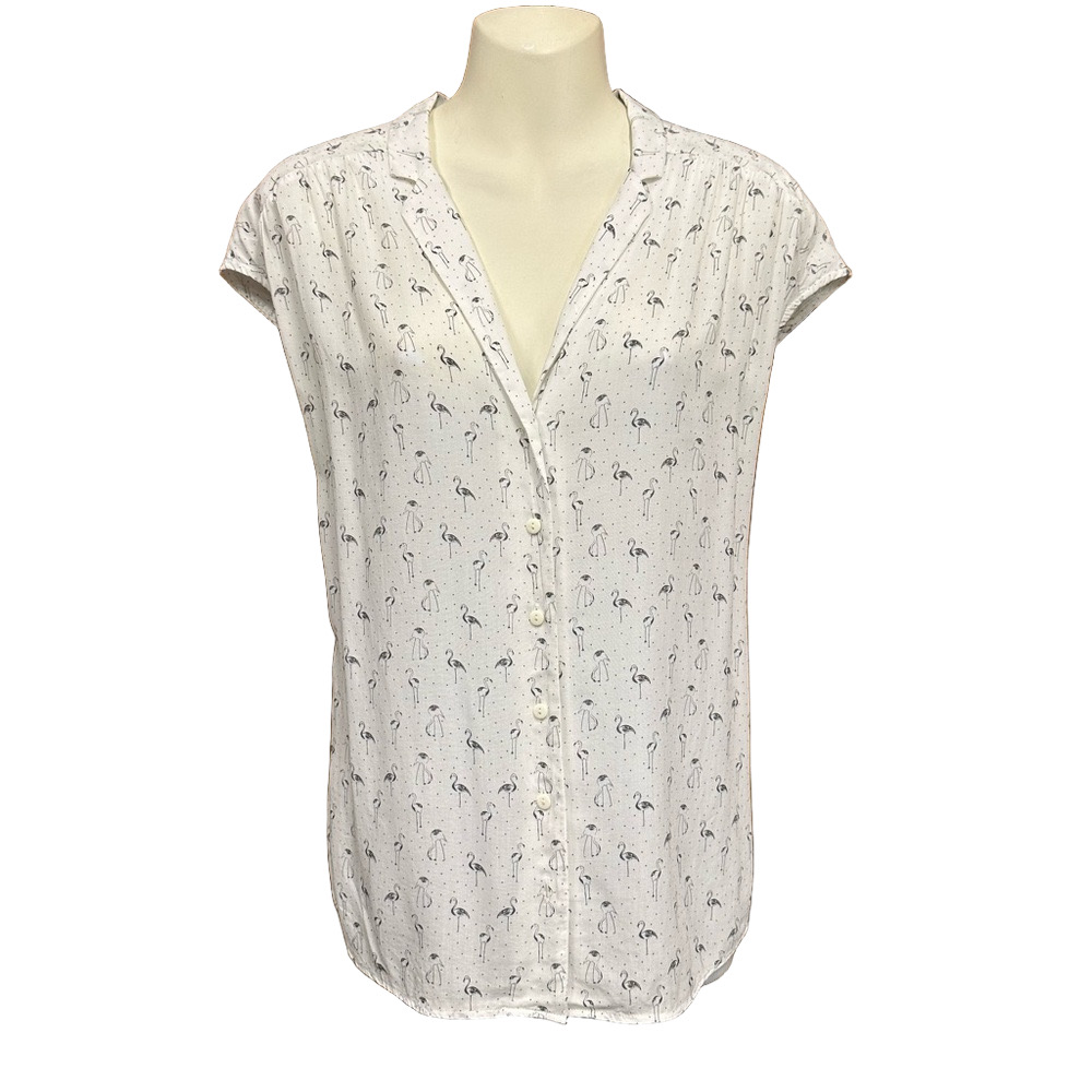 Harris Wilson white flamingo print viscose button down short sleeve blouse Large